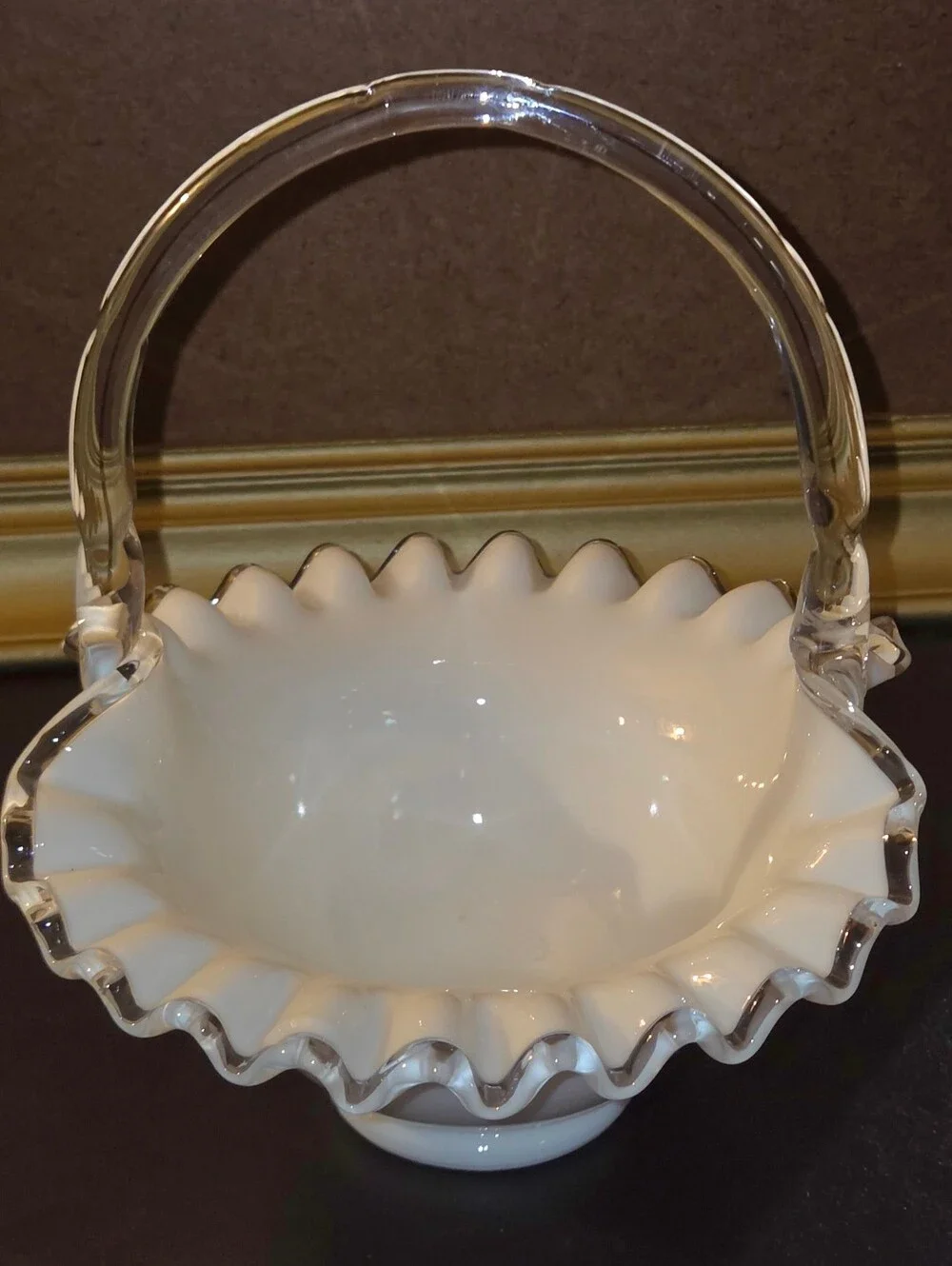 Vintage Fenton Silver Crest Milk Glass Ruffled Basket Clear Twisted Handle